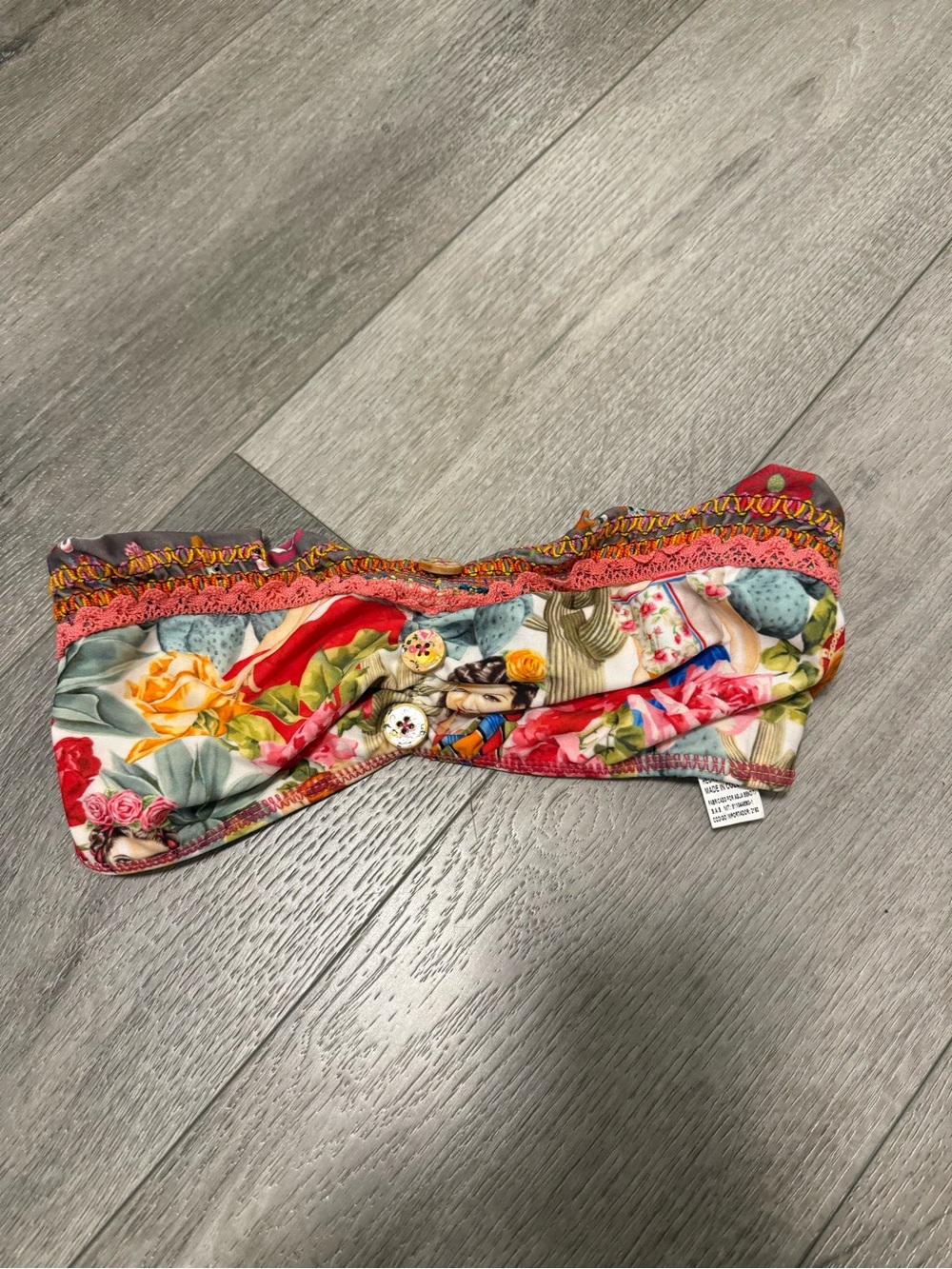 Agua Bendita Bikini top bandeau strapless size large buttons red yellow